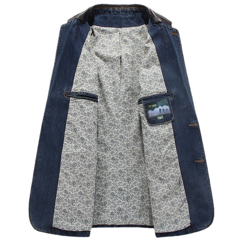 Herren Jeansblazer mit Lederoptikdetails und floral gefüttertem Innenfutter – Taviero