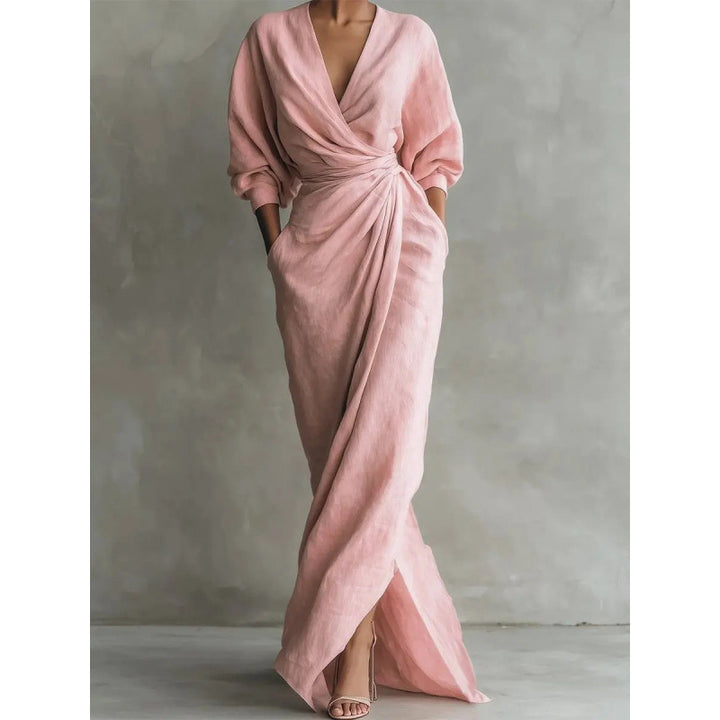Damen Drapiertes Wickel-Maxikleid mit tiefem V-Ausschnitt, Taillen-Twist und Eingrifftaschen – Valéora