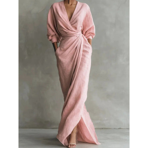 Damen Drapiertes Wickel-Maxikleid mit tiefem V-Ausschnitt, Taillen-Twist und Eingrifftaschen – Valéora