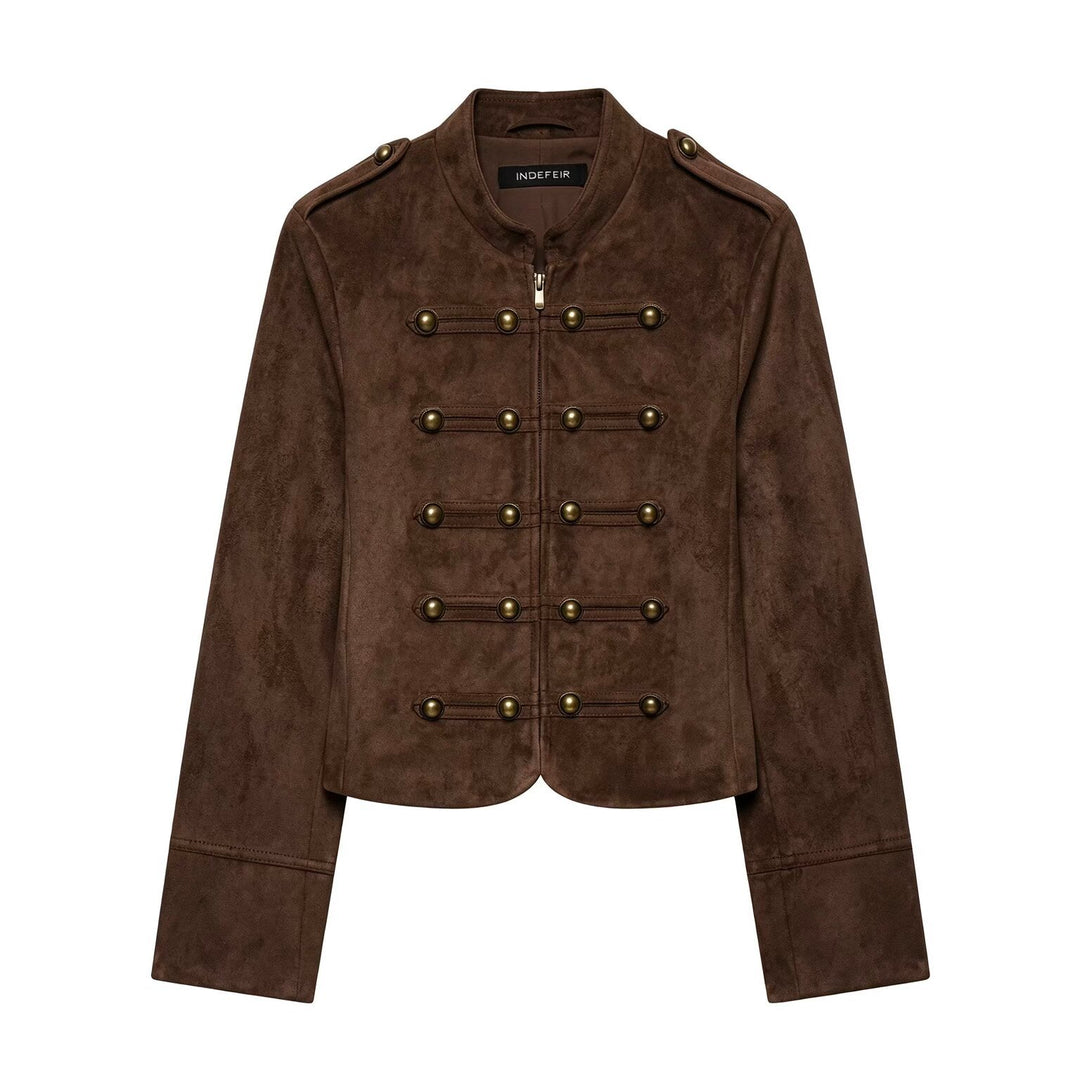 Damen Kurzjacke im Militärstil aus Veloursimitat mit Stehkragen, Epauletten und dekorativer Zierknopfleiste Echoarchiv