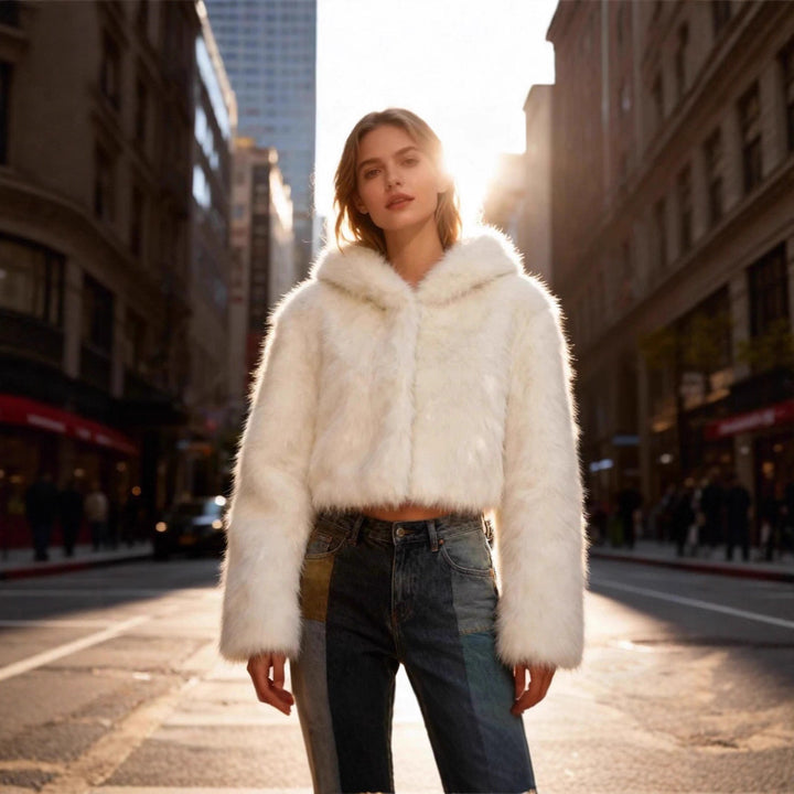 Damen Cropped Kunstpelzjacke mit Kapuze, glatter High‑Pile‑Optik und schmaler Saum Echo Archiv