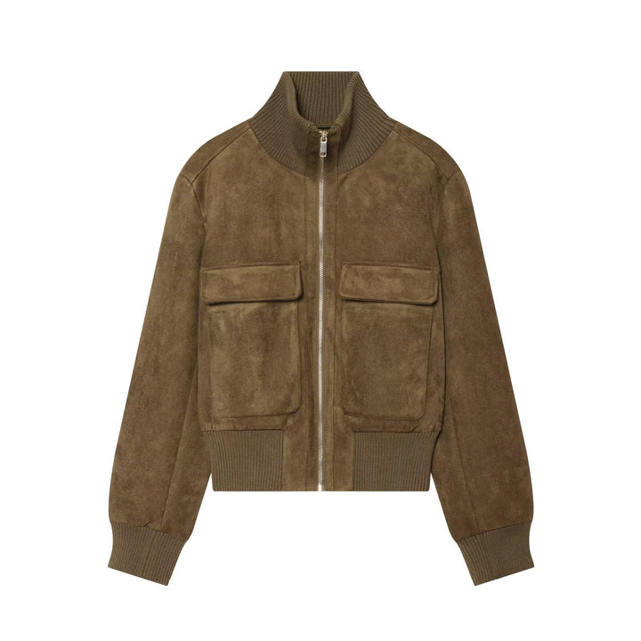 Damen Kurzblouson aus Veloursleder mit hohem Rippkragen und aufgesetzten Pattentaschen Echo Archiv
