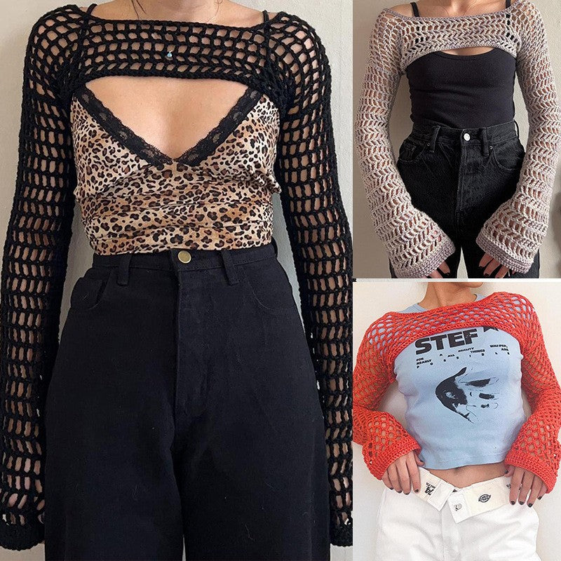 Damen gehäkeltes Langarm-Top mit Off-Shoulder-Design Echo Archiv