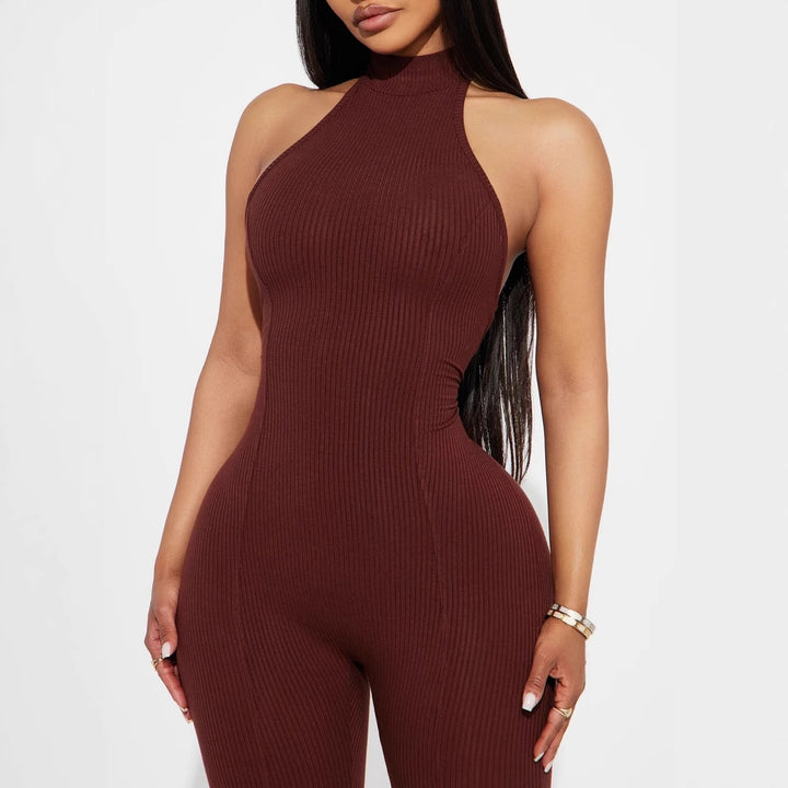 Damen figurbetonter Jumpsuit mit hohem Kragen und Rippstruktur Echo Archiv