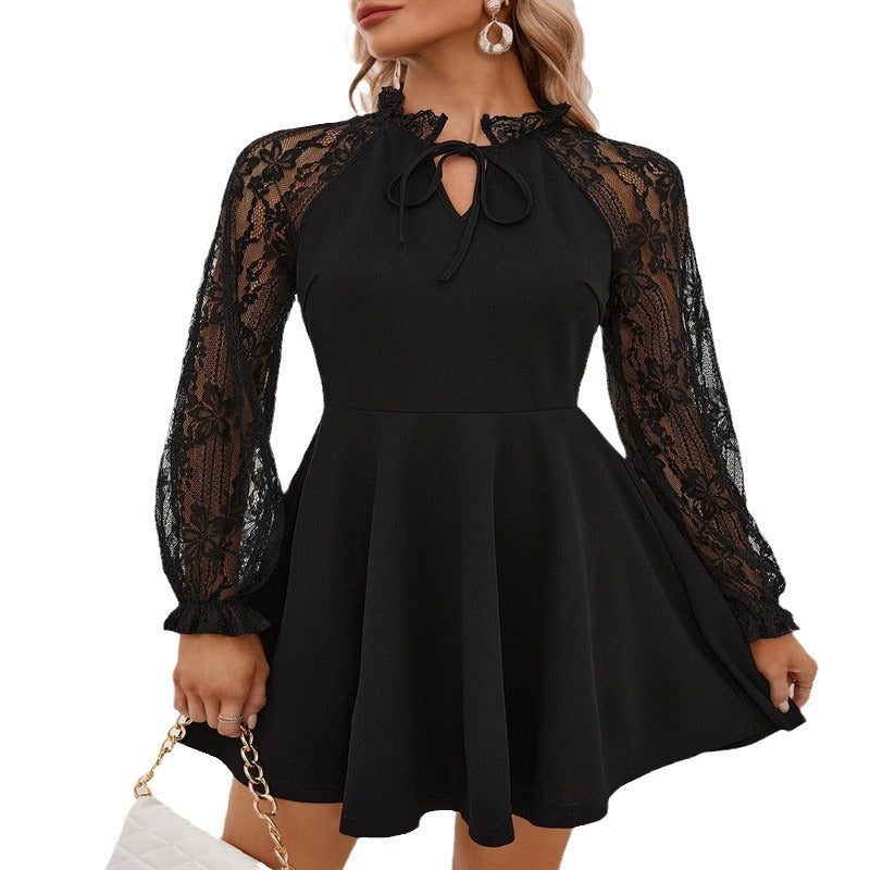 Damen nan elegantes A-Linien Cocktailkleid mit Spitzenärmeln und Stehkragen Echo Archiv