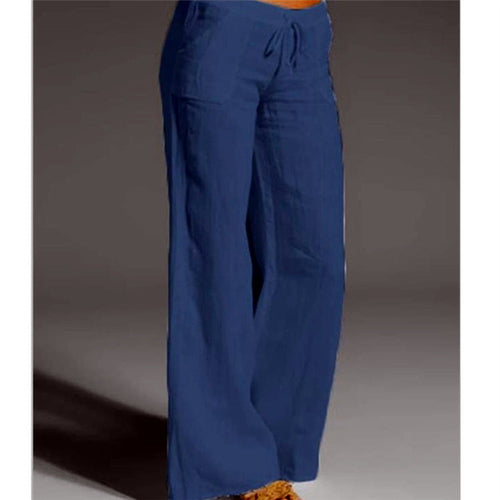 Damen weite Leinenhose mit hochgezogenem Bund und seitlichen Taschen Echoarchiv