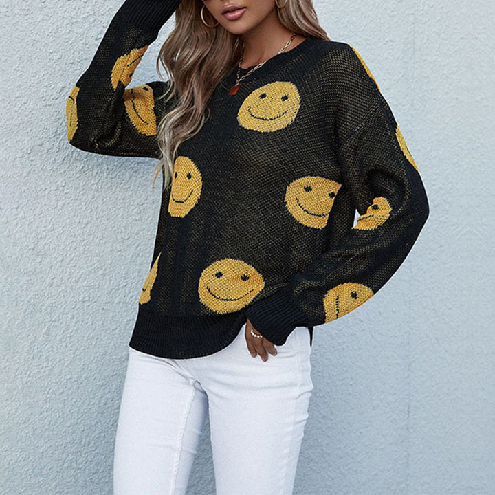 Damen lässiger Strickpullover mit Smiley‑Jacquard und Rundhalsausschnitt Echoarchiv