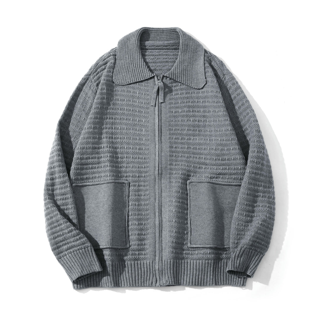 Unisex Strukturiertes Zip-Strickcardigan mit großem Reverskragen Echoarchiv