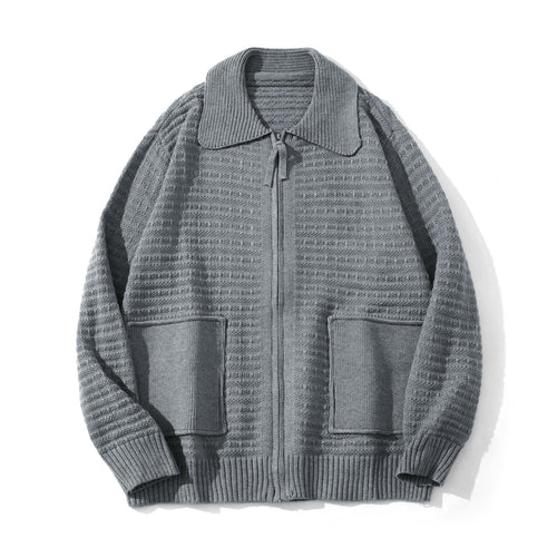Unisex Strukturiertes Zip-Strickcardigan mit großem Reverskragen Echoarchiv