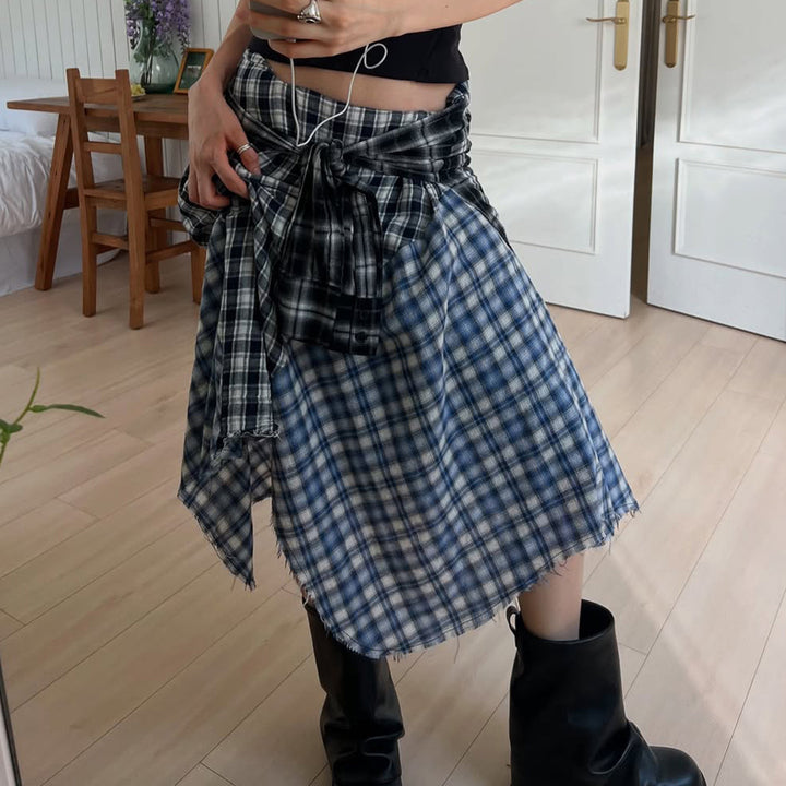 Damen Asymmetrischer Midirock im Karo-Patchwork mit Bundschärpe Echo Archiv