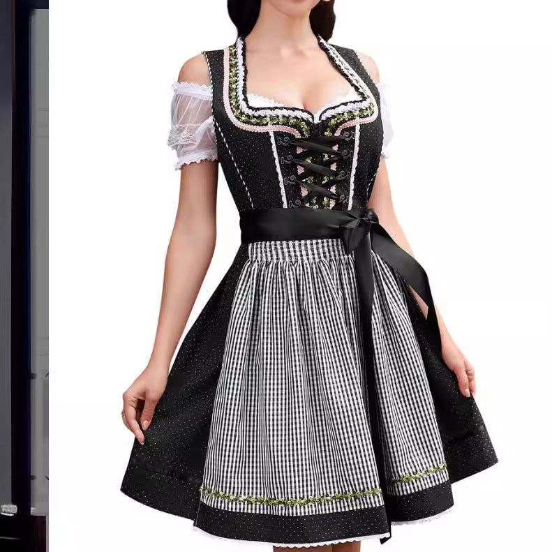 Damen traditionelles Dirndlkleid mit Spitzenärmeln Miederkorsage und geraffter Schürze – Élara