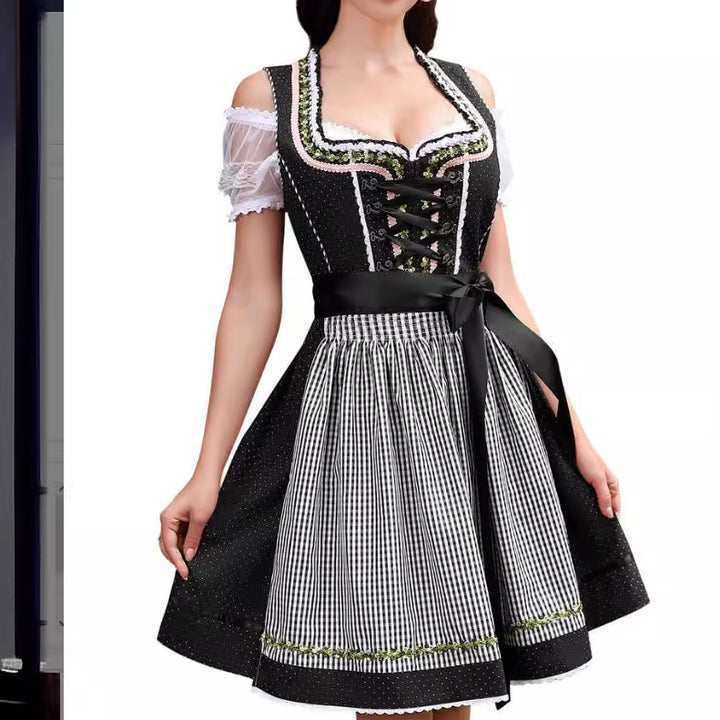 Damen traditionelles Dirndlkleid mit Spitzenärmeln Miederkorsage und geraffter Schürze – Élara