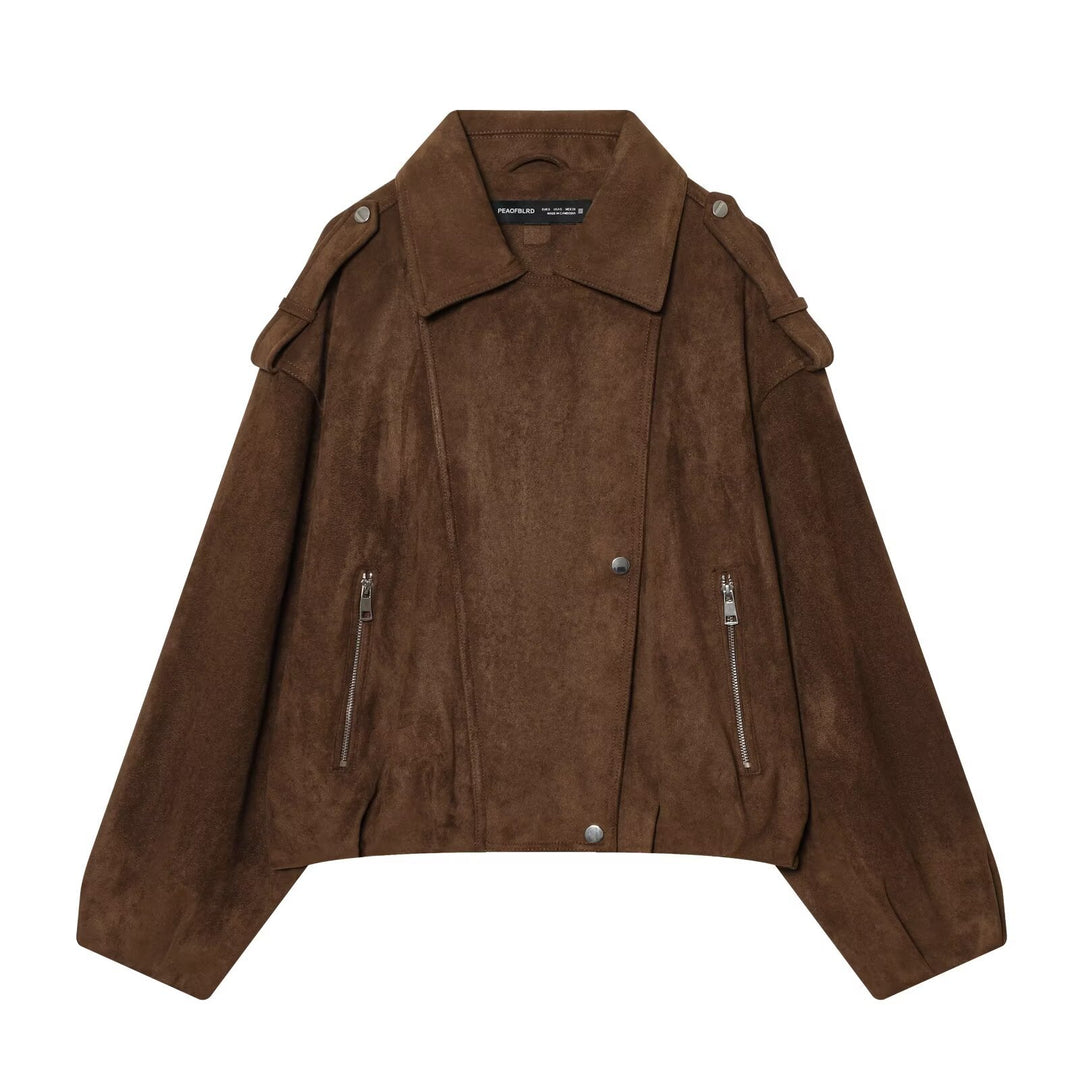 Damen Kurze Veloursleder-Bikerjacke mit Schulterklappen, Reißverschlusstaschen und kastiger Silhouette Echo Archiv