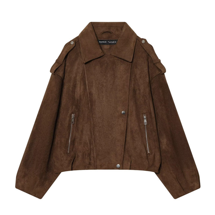 Damen Kurze Veloursleder-Bikerjacke mit Schulterklappen, Reißverschlusstaschen und kastiger Silhouette Echo Archiv