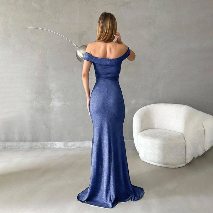 Damen schulterfreies Maxikleid mit elegantem Schlitz und glitzerndem Stoff Echo Archiv