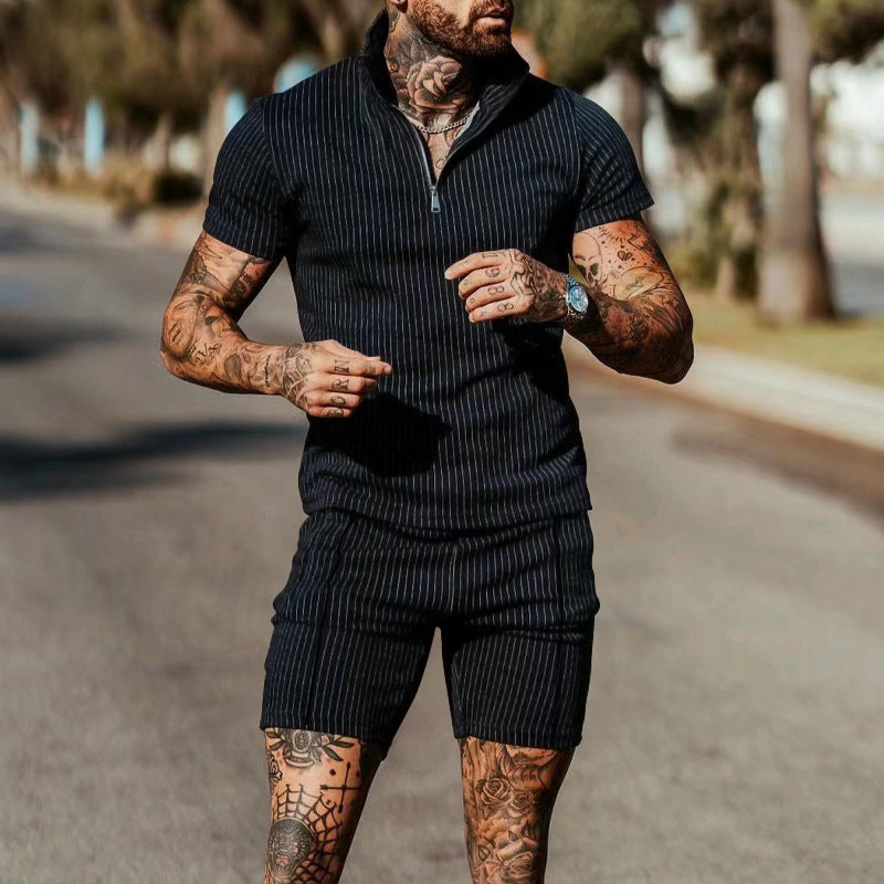Herren Kurzarm-Jumpsuit mit modernem Reißverschluss und gestreiftem Design Echoarchiv