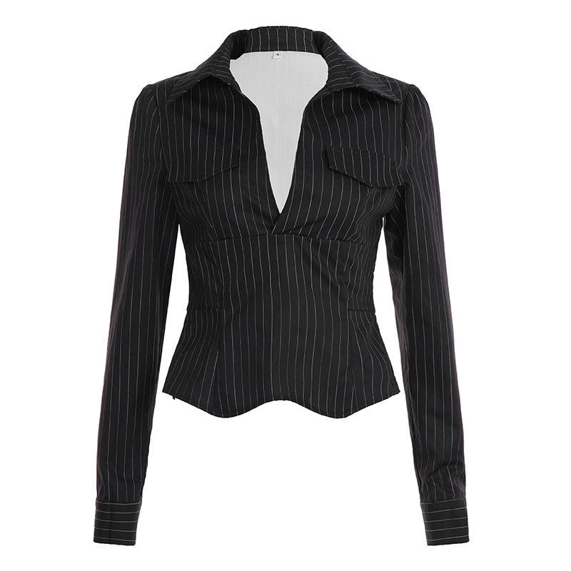 Damen nan tailliertes Langarmshirt mit Twist‑V‑Ausschnitt, Hemdkragen und Nadelstreifen-Optik Echo Archiv