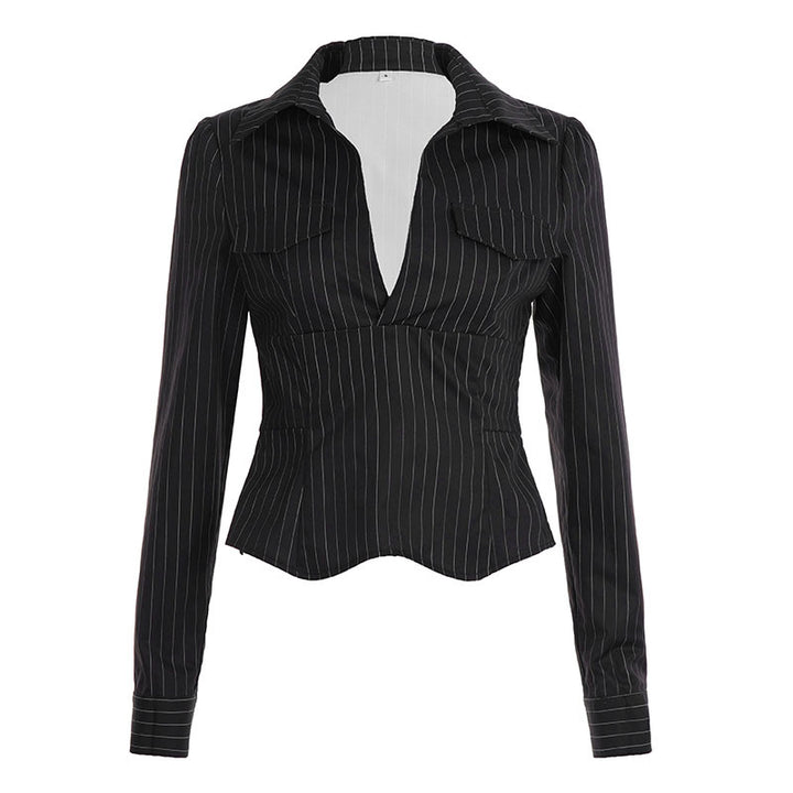 Damen nan tailliertes Langarmshirt mit Twist‑V‑Ausschnitt, Hemdkragen und Nadelstreifen-Optik Echo Archiv