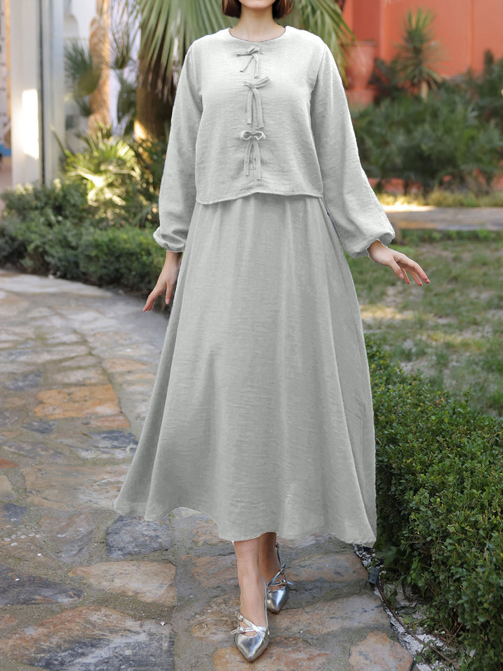 Damen Langes Zweiteiliges Maxikleid mit Überwurf, Rundhals und Zierknoten – Valéora