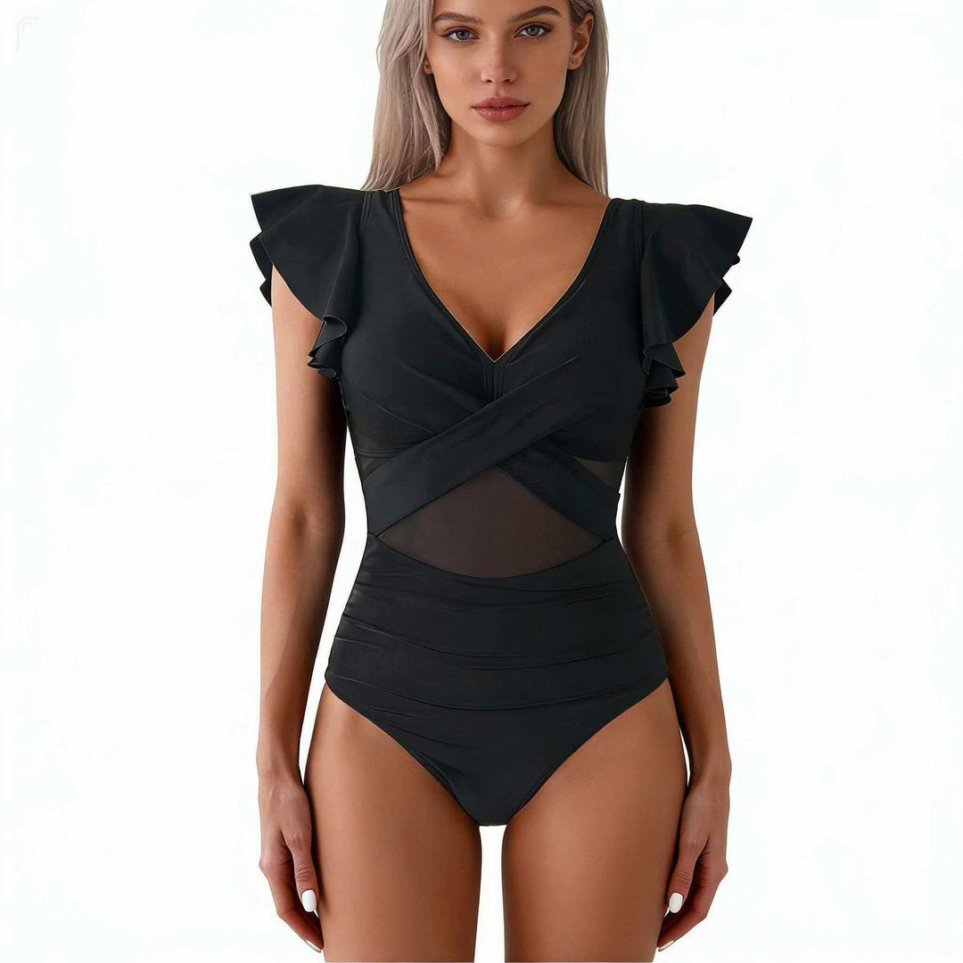 Damen Eleganter Badeanzug mit raffinierten Rüschendetails und transparenter Einsätzen Echo Archiv