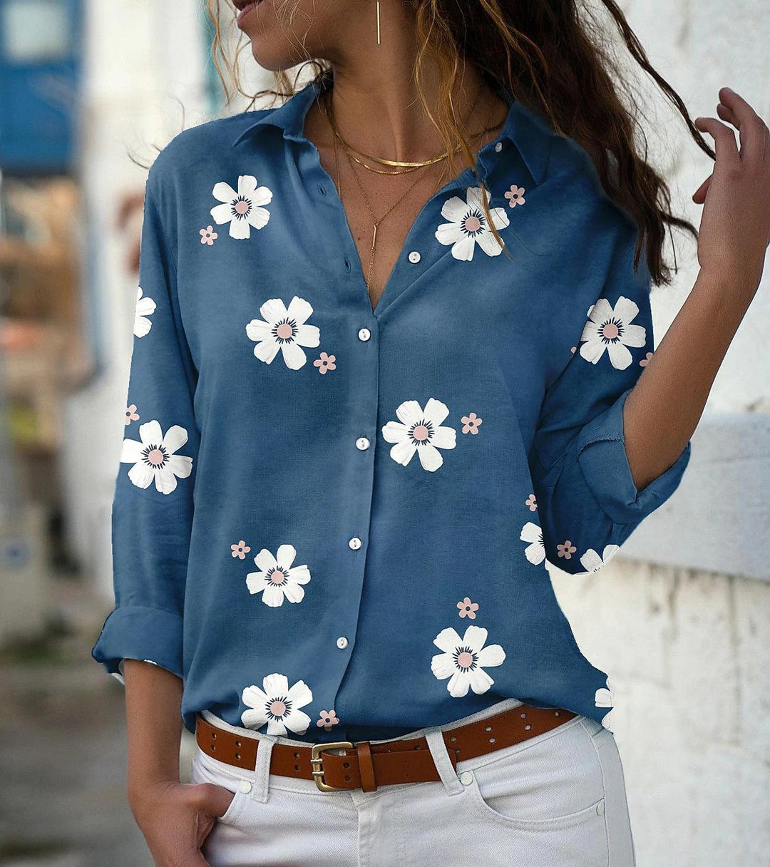 Damen Bluse mit Blumenmuster, Hemdkragen und lockerer Passform Echoarchiv