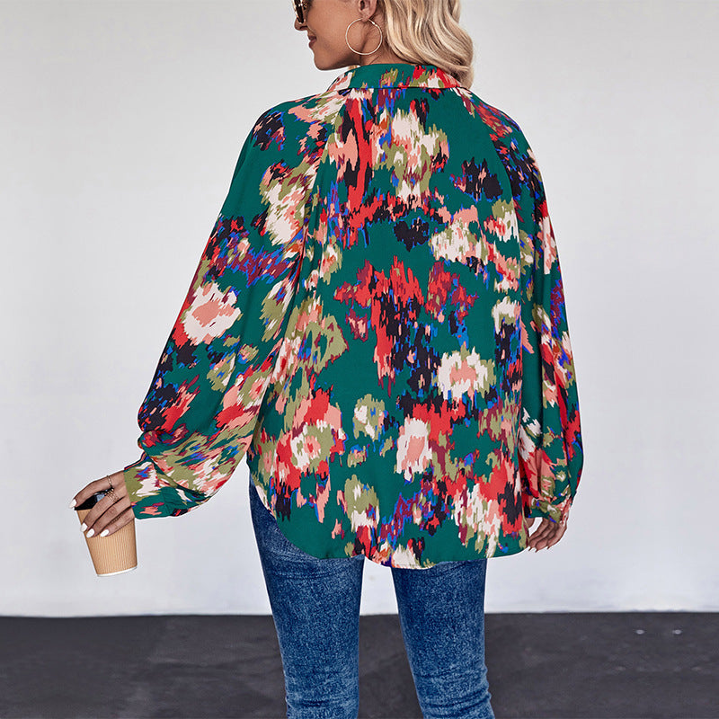 Damen Weites Blusenshirt mit Hemdkragen, abstraktem Print und Ballonärmeln Echoarchiv