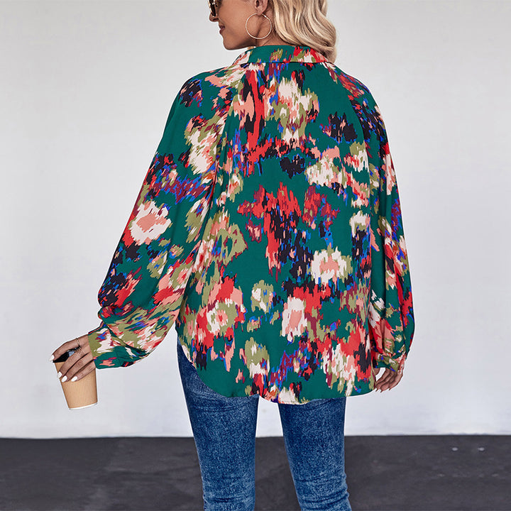 Damen Weites Blusenshirt mit Hemdkragen, abstraktem Print und Ballonärmeln Echoarchiv