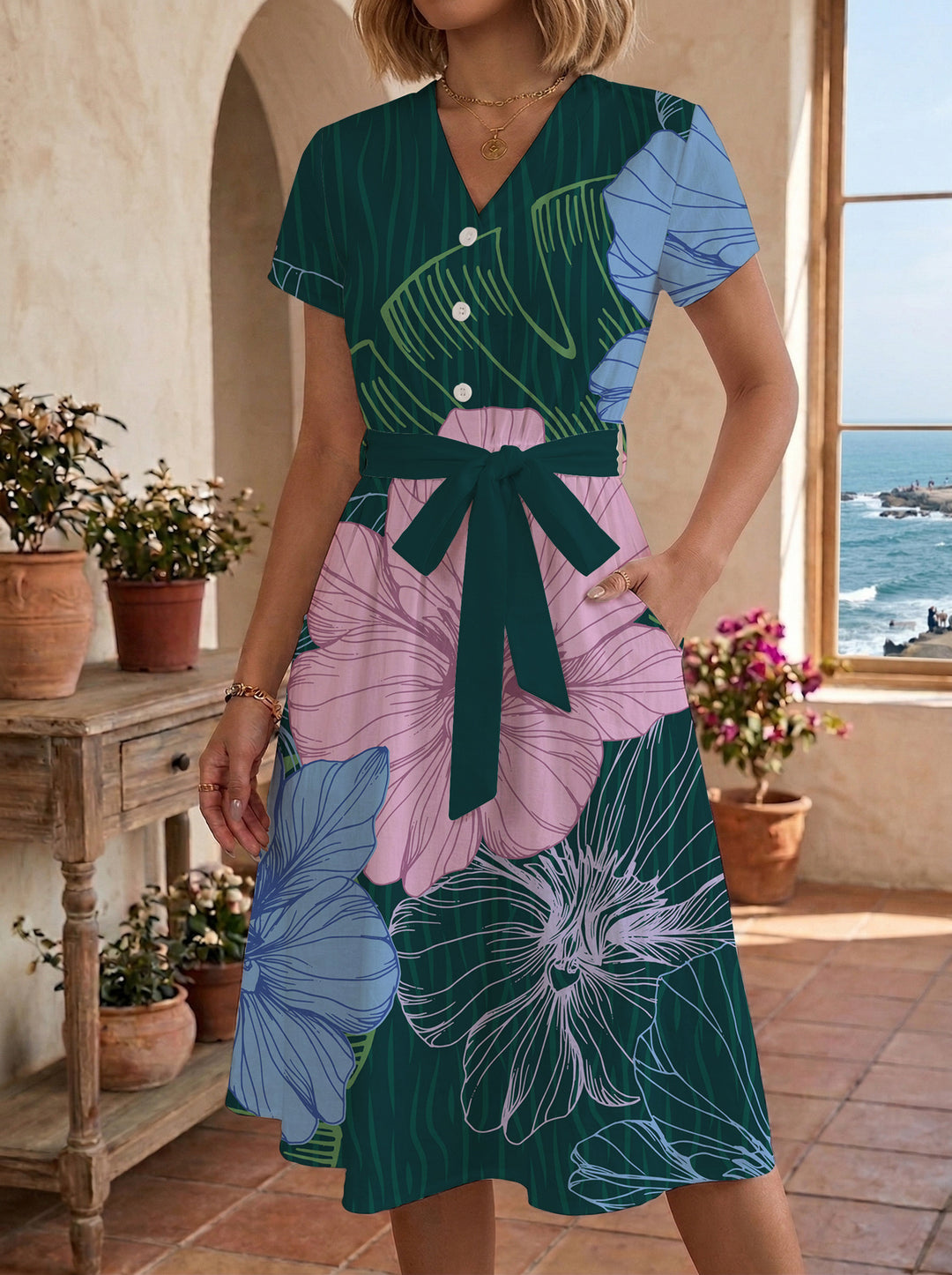 Damen Midikleid mit floralem Muster und Taillengürtel Echo Archiv