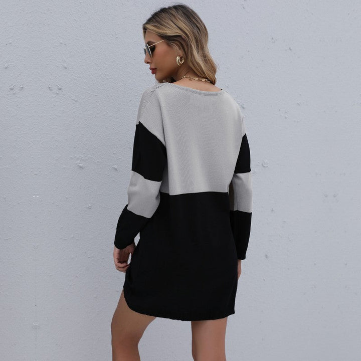 Damen Feinstrick-Minikleid mit Colorblock-Design, V‑Ajour-Ausschnitt und geripptem Saum Echoarchiv