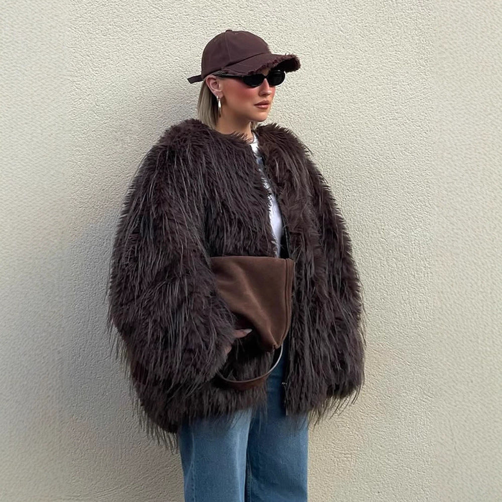 Damen Oversize Kunstpelz‑Mantel mit langfloriger Shag‑Optik und kastiger Silhouette Echoarchiv