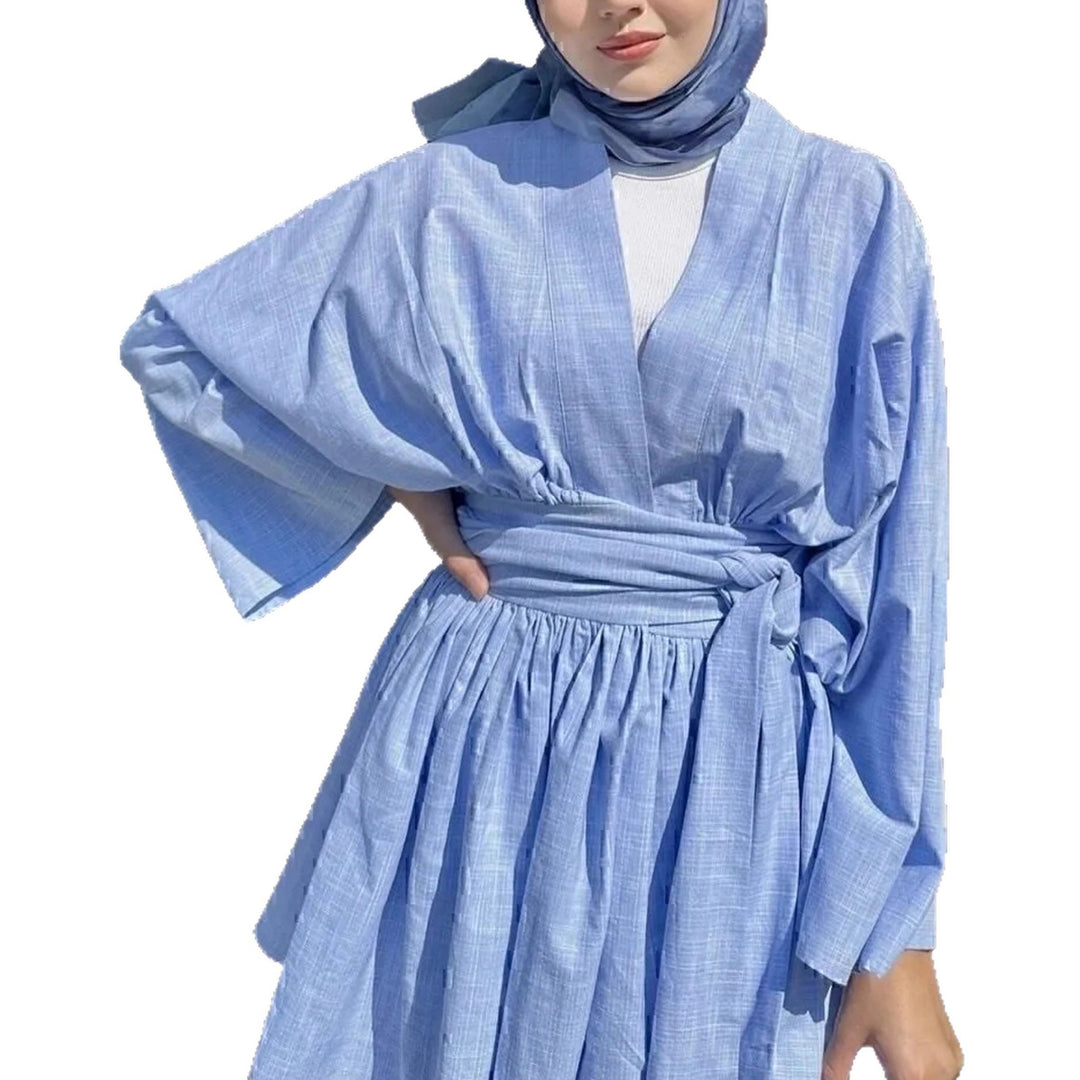 Damen Kimono-Wickelkleid in Leinenoptik mit weitem Rock und Bindegürtel Echoarchiv