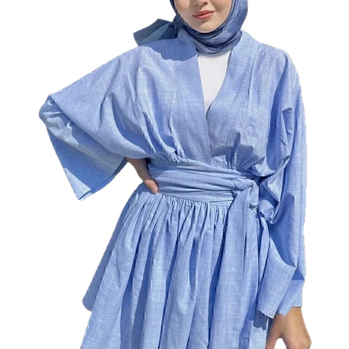 Damen Kimono-Wickelkleid in Leinenoptik mit weitem Rock und Bindegürtel Echoarchiv