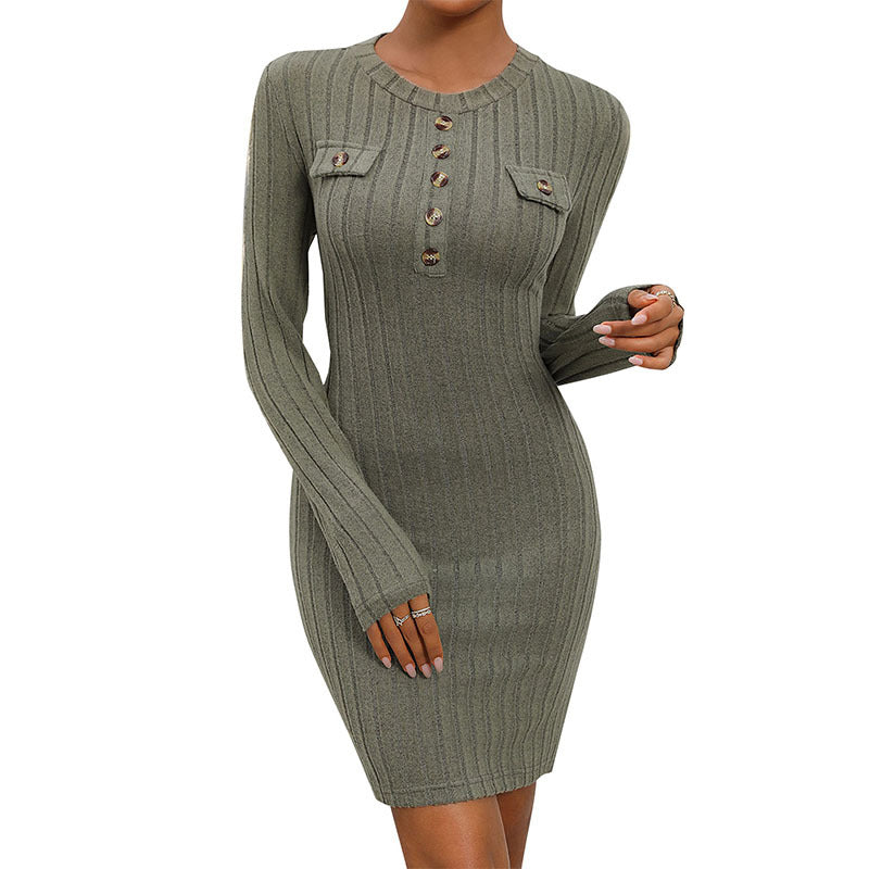 Damen Figurnahes geripptes Strick‑Minikleid mit Knopfleiste und Zier-Brusttaschen Echoarchiv