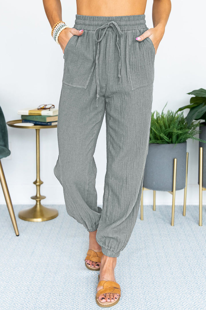 Damen Leichte Leinen-Joggerhose mit Tunnelzug, aufgesetzten Taschen und elastischen Bündchen Echo Archiv