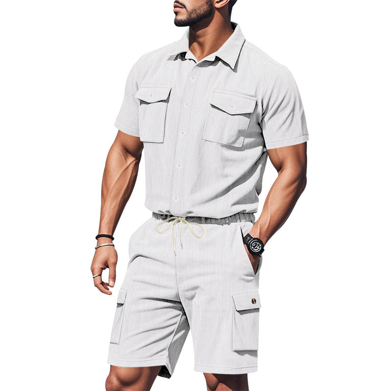 Herren modisches Kurzarm-Hemden- und Cargo-Shorts-Set mit praktischen Taschen und elastischem Bund Echoarchiv