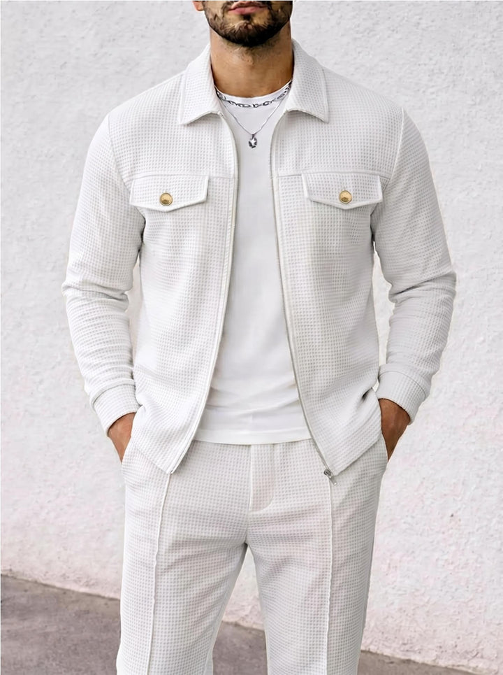 Herren strukturierte Overshirt-Jacke mit Waffelstruktur, Pattentaschen und verdecktem Reißverschluss – Taviero