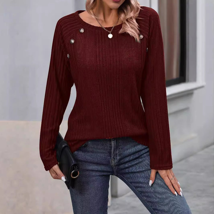 Damen Feiner Rippstrick-Pullover mit Zierknopfleiste und Rundhalsausschnitt Echoarchiv