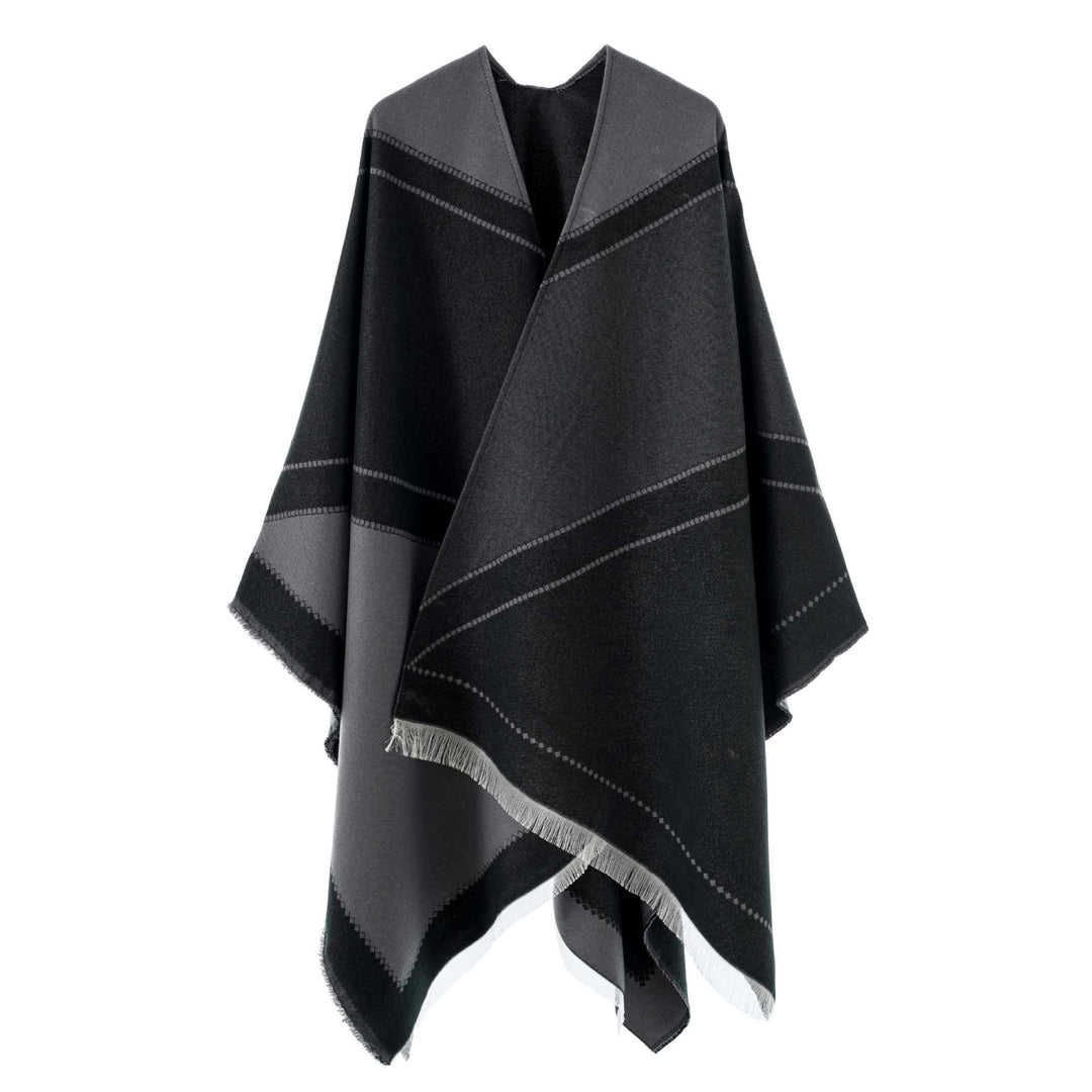 Damen Großer Wollmix Fransenponcho mit diagonalen Kontraststreifen Echo Archiv