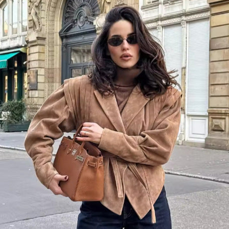 Damen nan taillierter Wildlederoptik Blazer mit Wickelgürtel und gerafften Schultern Echo Archiv