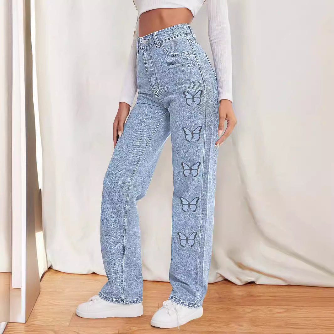 Damen taillenhohe gerade geschnittene Jeans mit seitlichem Schmetterlingsprint Echo Archiv