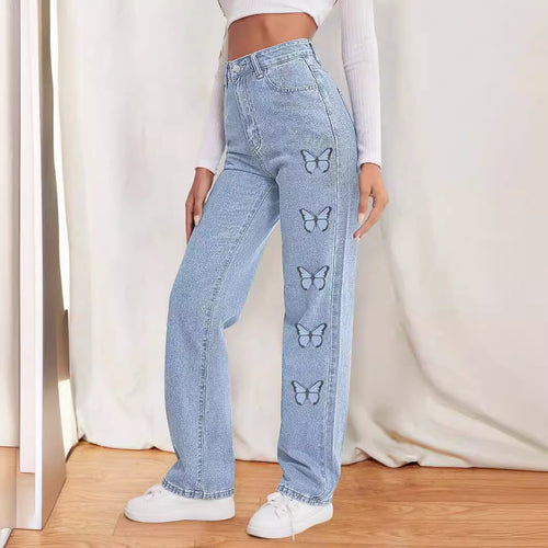 Damen taillenhohe gerade geschnittene Jeans mit seitlichem Schmetterlingsprint Echo Archiv