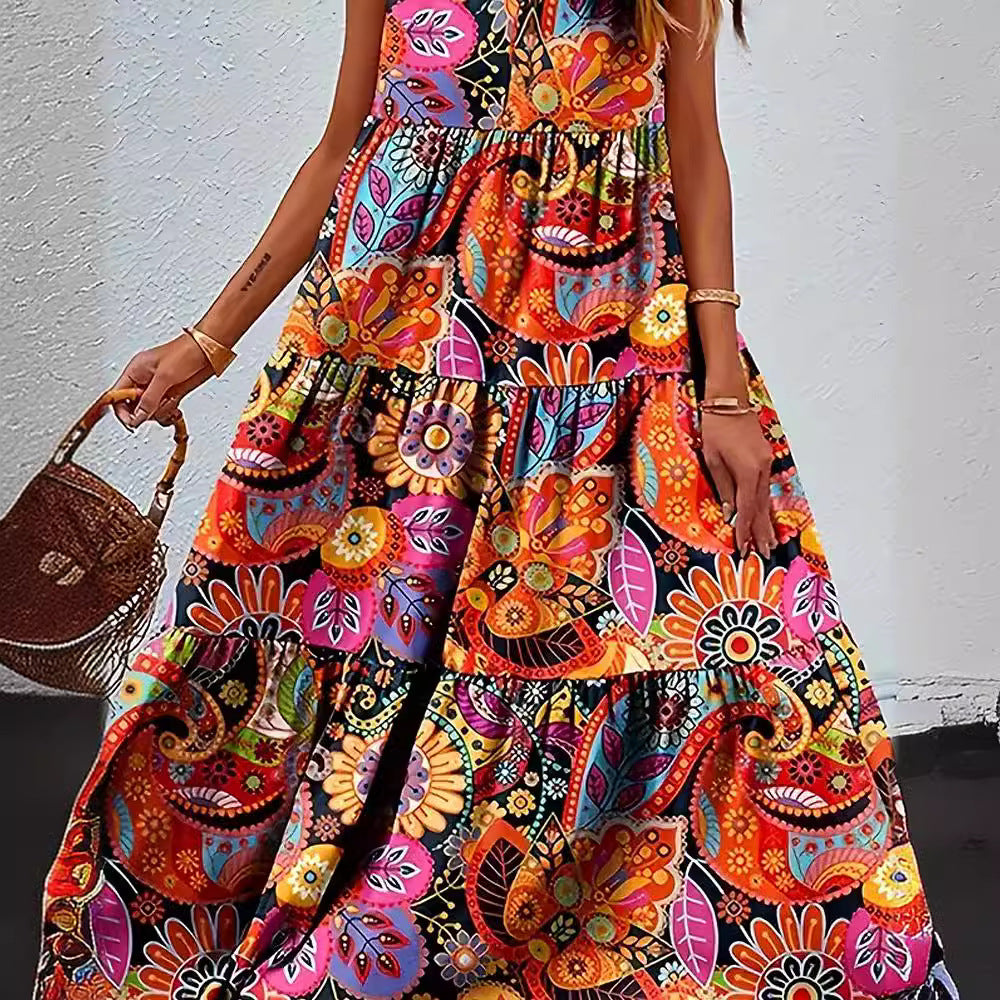 Damen nan stufenförmiges Boho-Maxikleid mit V-Ausschnitt und geraffter Unterbrustnaht Echo Archiv