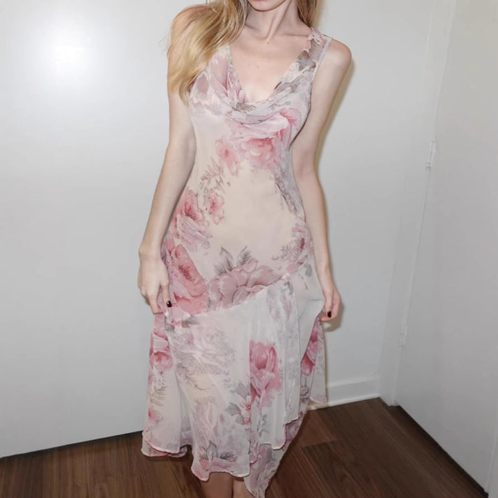 Damen elegantes asymmetrisches Kleid mit floralen Akzenten Echo Archiv