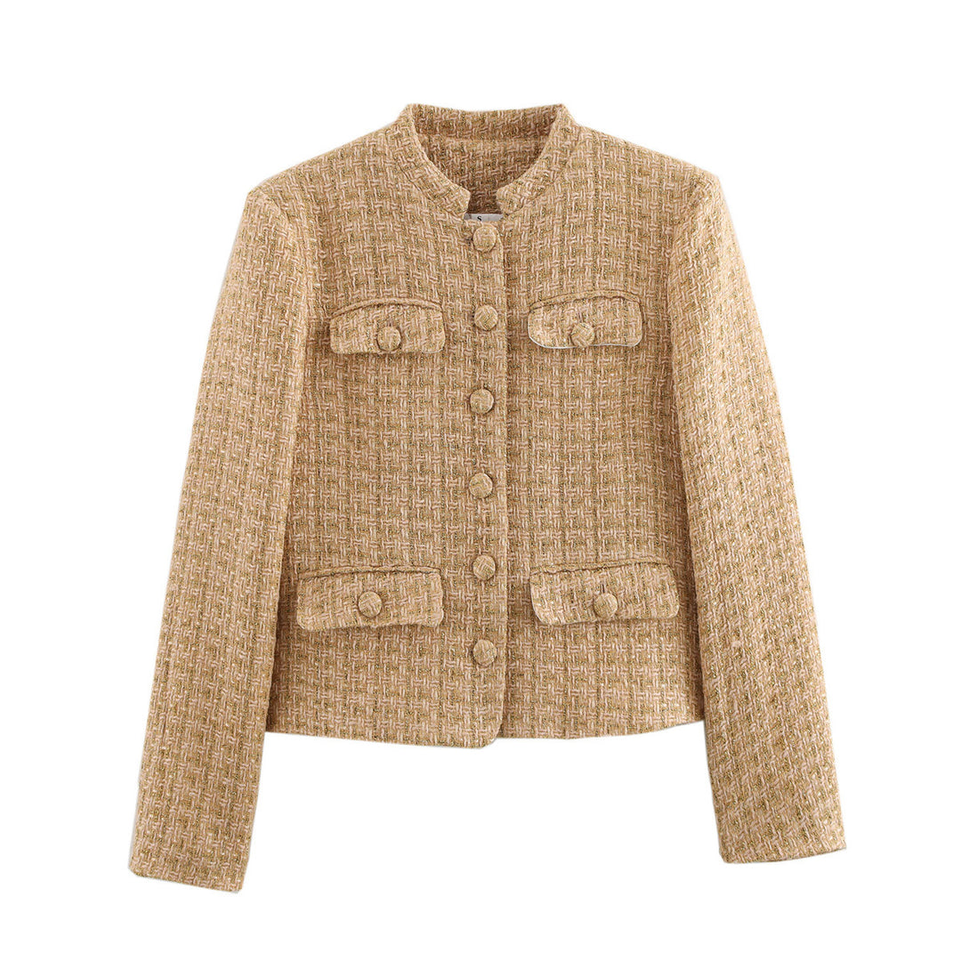 Damen taillierte Bouclé-Tweed Jacke mit Stehkragen und vier Zier-Taschen – Célinea