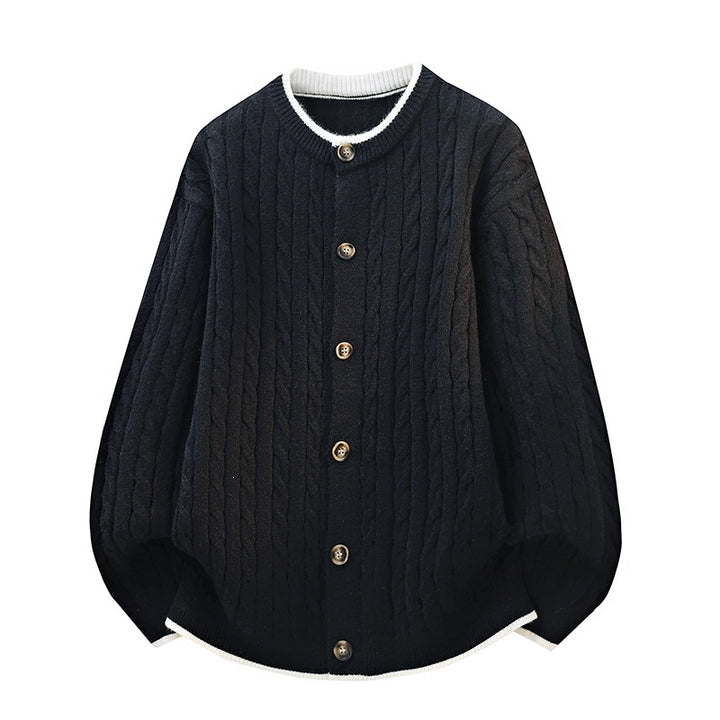 Damen Oversize Zopfstrick-Cardigan mit Rundhalsausschnitt, Holzknopfleiste & Kontrastbesatz Echoarchiv