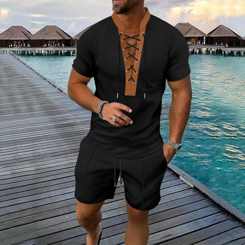 Herren lässiges Kurzarmhemd mit modernem Schnürverschluss und elastischem Bund Echoarchiv