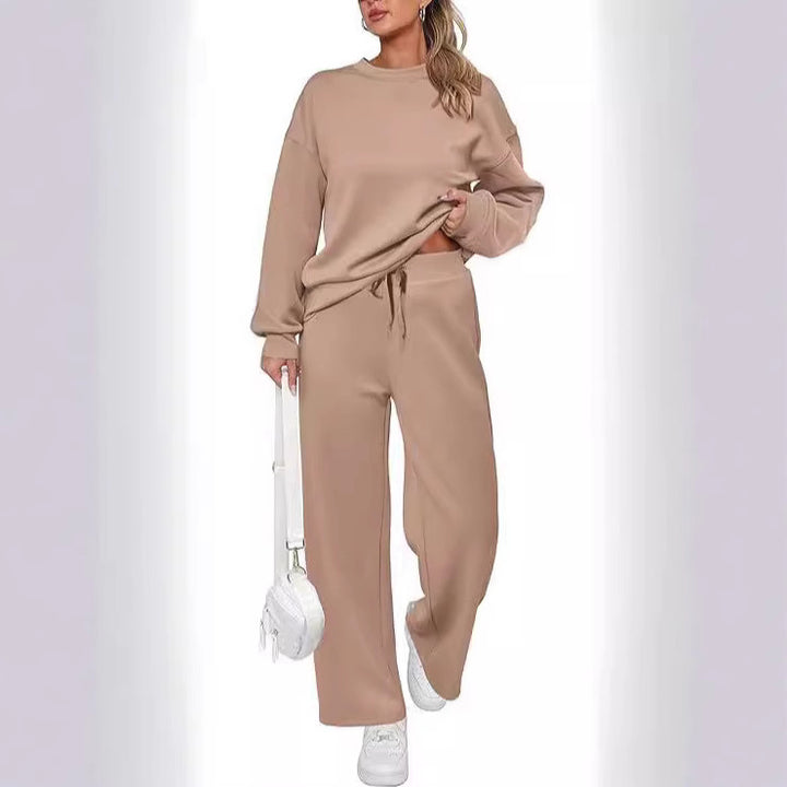 Damen zweiteiliges French-Terry Lounge-Set mit oversized Rundhals-Pullover und weitem Highwaist-Jogger – Avérine