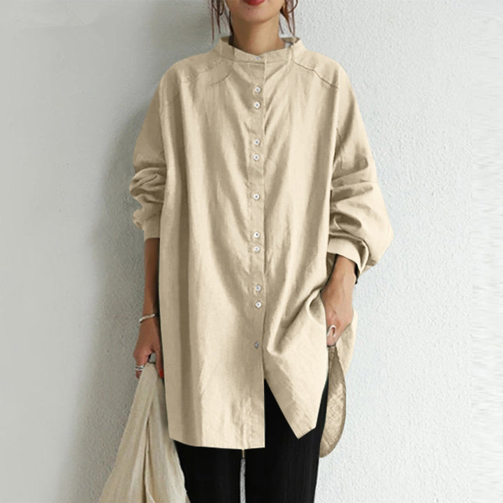 Damen nan lässige Oversize-Tunika-Hemdbluse mit Stehkragen, durchgehender Knopfleiste und seitlichen Schlitzen Echo Archiv