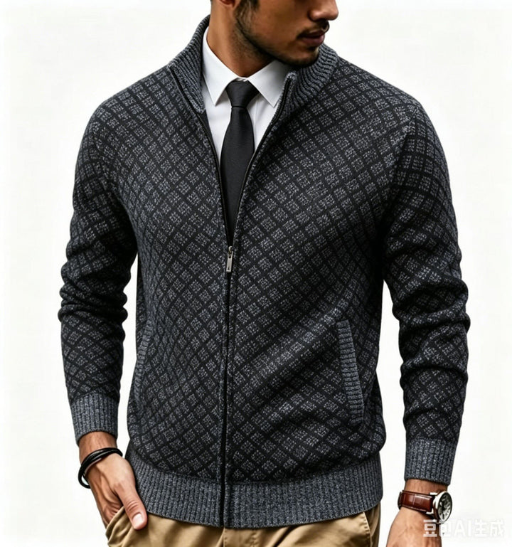 Herren Strukturierte Strickjacke mit Stehkragen und Diamant-Jacquard Echo Archiv