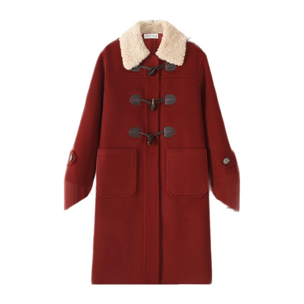 Damen Langer Duffle‑Mantel mit Teddykragen, Knebelverschlüssen und aufgesetzten Taschen Echoarchiv